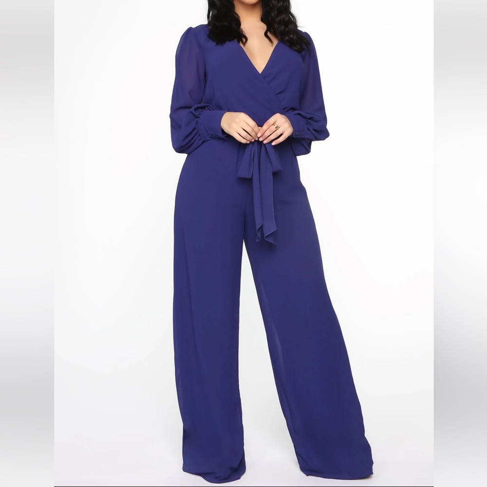 Fashion Nova Moonshine Chiffon Jumpsuit Navy Blue